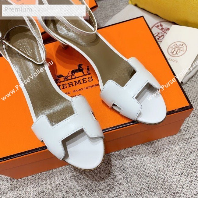 Hermes Premiere Smooth Leather Mid-Heel Ankle Strap Sandals White/Brown 2019 (HQG-9071934)