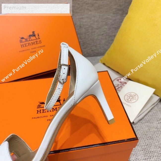 Hermes Premiere Smooth Leather Mid-Heel Ankle Strap Sandals White/Brown 2019 (HQG-9071934)