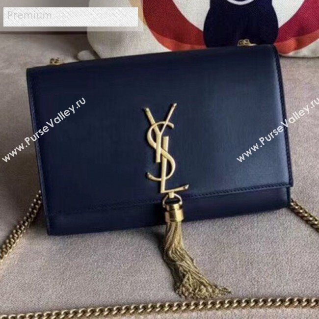 Saint Laurent Kate Small Chain and Tassel Bag in Smooth Leather 474366 Dark Blue/Gold   (BGL-9071704)