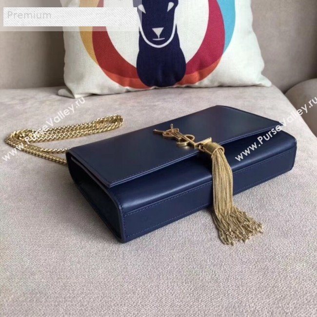 Saint Laurent Kate Small Chain and Tassel Bag in Smooth Leather 474366 Dark Blue/Gold   (BGL-9071704)