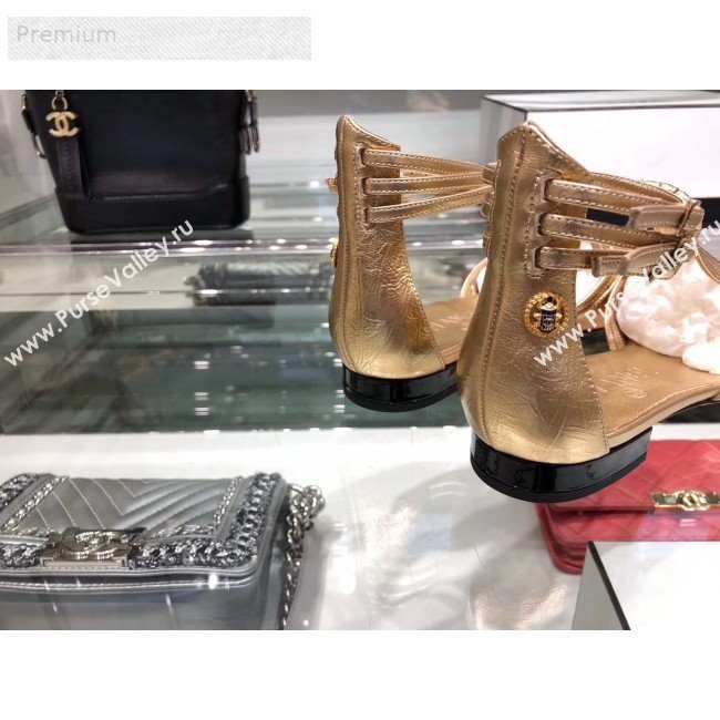 Chanel Metallic Laminated Lambskin Flat Sandals G35047 Gold 2019 (XO-9071719)