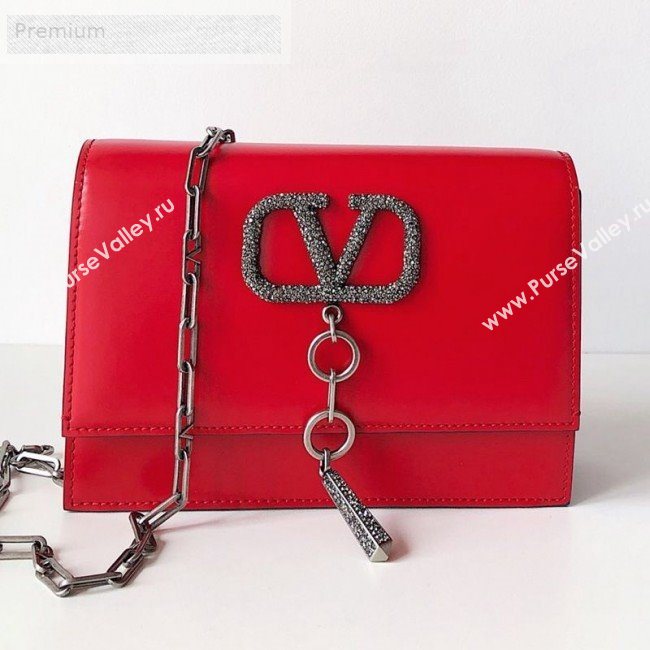 Valentino Small Smooth Calfskin Crystal VCASE Chain Shoulder Bag Red 2019 (JJ3-9071507)