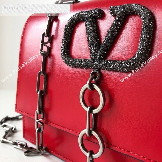 Valentino Small Smooth Calfskin Crystal VCASE Chain Shoulder Bag Red 2019 (JJ3-9071507)