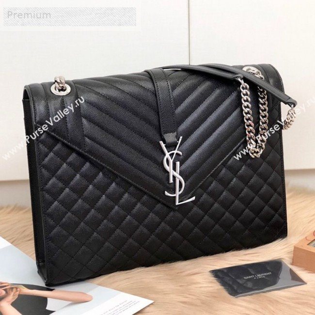 Saint Laurent Envelope Large Flap Shoulder Bag in Matelasse Grainy Leather 487198 Black/Silver 2019 (KTS-9071524)