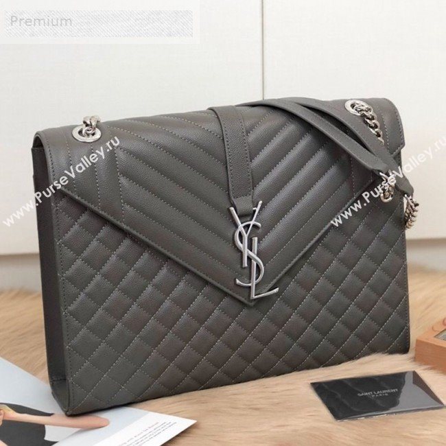 Saint Laurent Envelope Large Flap Shoulder Bag in Matelasse Grainy Leather 487198 Grey/Silver 2019 (KTS-9071526)