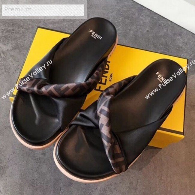 Fendi FF Canvas Twist Flat Slide Sandals Black 2019 (For Women and Men) (EM-9071612)
