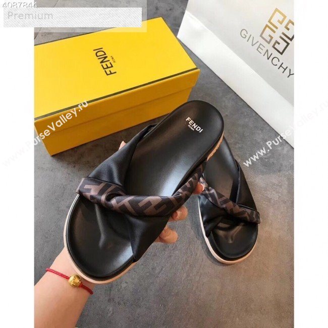 Fendi FF Canvas Twist Flat Slide Sandals Black 2019 (For Women and Men) (EM-9071612)