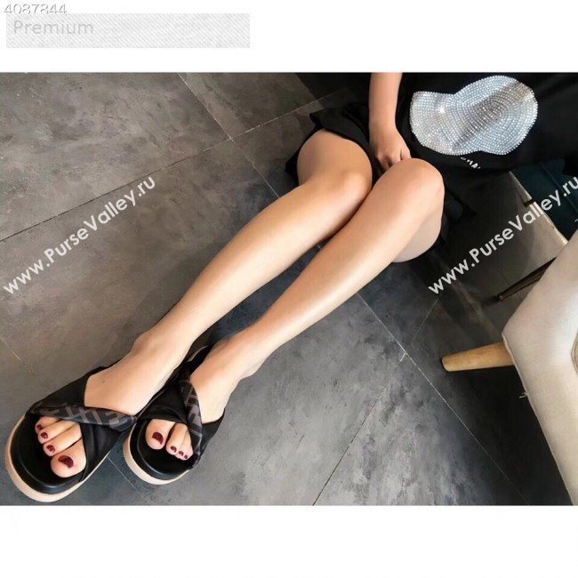 Fendi FF Canvas Twist Flat Slide Sandals Black 2019 (For Women and Men) (EM-9071612)