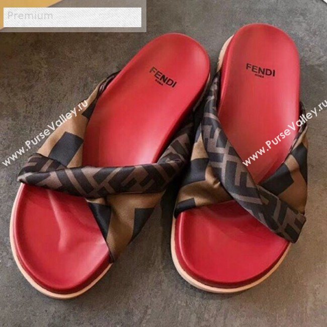 Fendi FF Canvas Twist Flat Slide Sandals Red 2019 (For Women and Men) (EM-9071613)