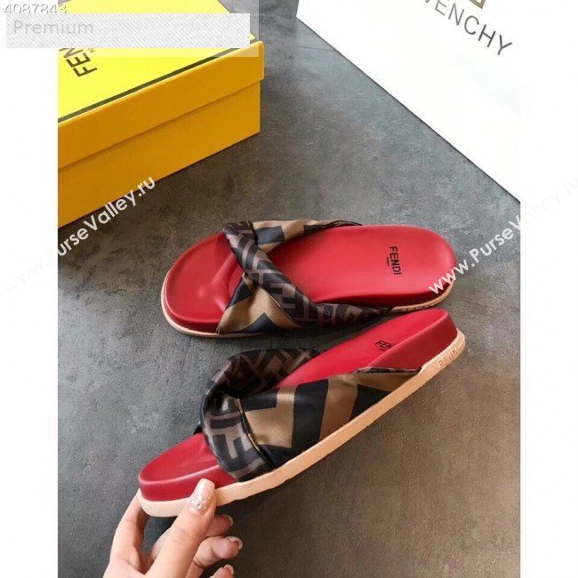 Fendi FF Canvas Twist Flat Slide Sandals Red 2019 (For Women and Men) (EM-9071613)