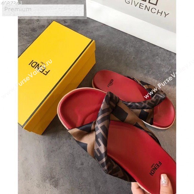 Fendi FF Canvas Twist Flat Slide Sandals Red 2019 (For Women and Men) (EM-9071613)