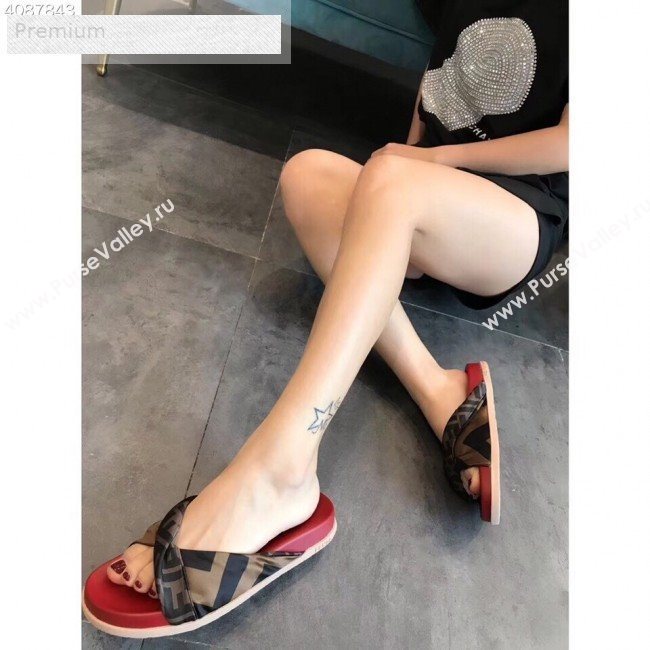 Fendi FF Canvas Twist Flat Slide Sandals Red 2019 (For Women and Men) (EM-9071613)