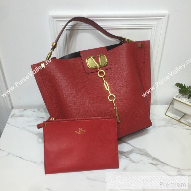 Valentino VRing Chain Grained Calfskin Shopping Tote Bag Red 2019 (XYD-9052138)