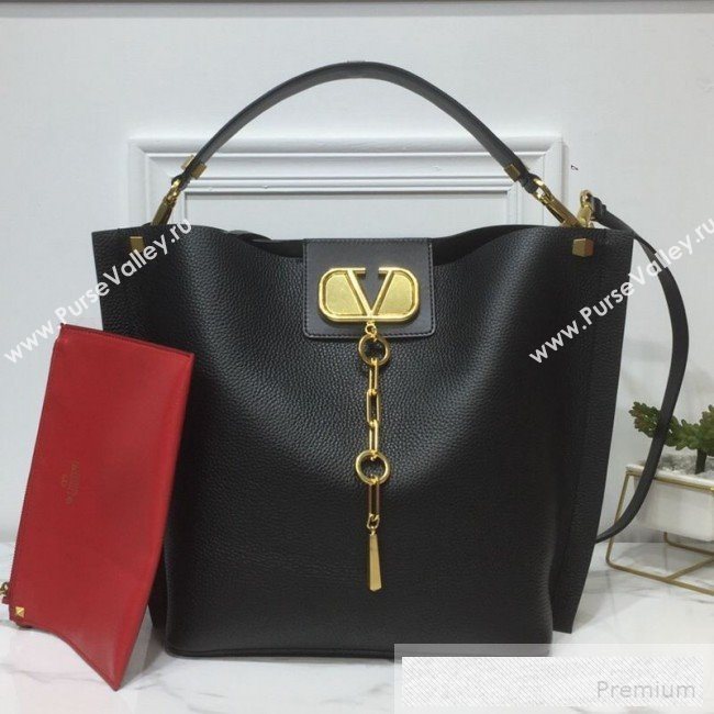 Valentino VRing Chain Grained Calfskin Shopping Tote Bag Black 2019 (XYD-9052139)