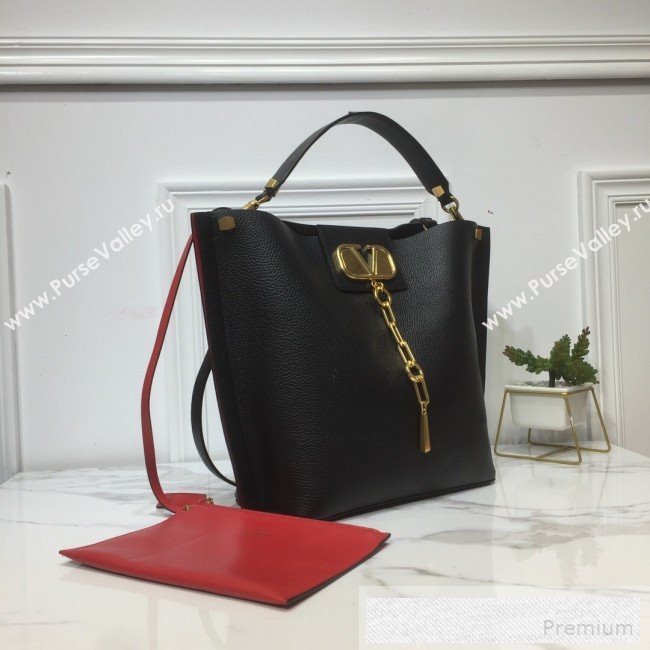 Valentino VRing Chain Grained Calfskin Shopping Tote Bag Black 2019 (XYD-9052139)