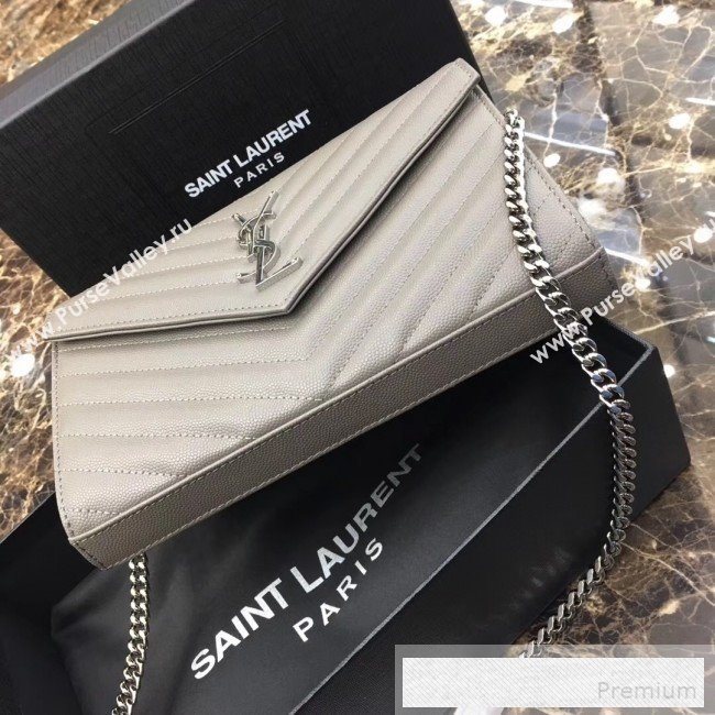 Saint Laurent 360452 Monogram Chain Wallet in Grained Matelasse Leather Grey (SHW)2019 (MH-9052356)