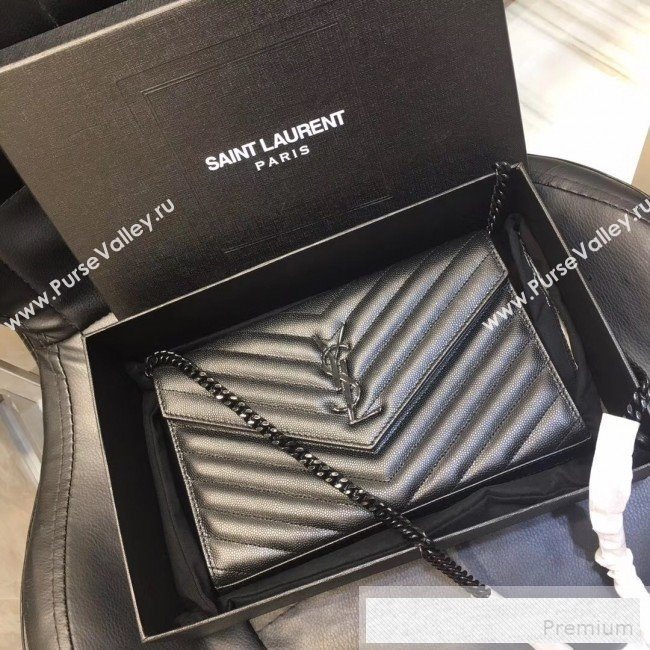 Saint Laurent 360452 Monogram Chain Wallet in Grained Matelasse Leather All Black 2019 (MH-9052357)