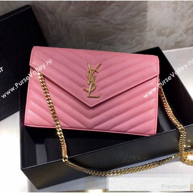 Saint Laurent 360452 Monogram Chain Wallet in Grained Matelasse Leather Pink(GHW)2019 (MH-9052358)