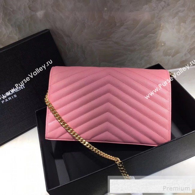 Saint Laurent 360452 Monogram Chain Wallet in Grained Matelasse Leather Pink(GHW)2019 (MH-9052358)