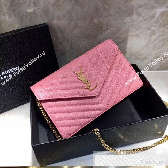 Saint Laurent 360452 Monogram Chain Wallet in Grained Matelasse Leather Pink(GHW)2019 (MH-9052358)