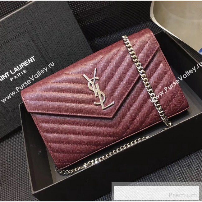 Saint Laurent 360452 Monogram Chain Wallet in Grained Matelasse Leather Burgundy (SHW)2019 (MH-9052359)