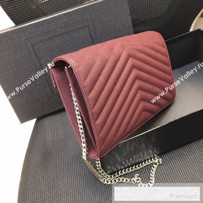 Saint Laurent 360452 Monogram Chain Wallet in Grained Matelasse Leather Burgundy (SHW)2019 (MH-9052359)