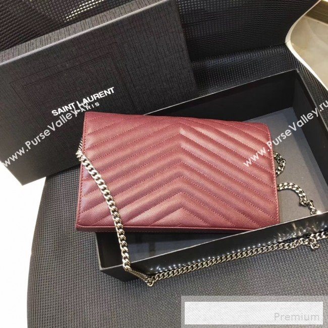 Saint Laurent 360452 Monogram Chain Wallet in Grained Matelasse Leather Burgundy (SHW)2019 (MH-9052359)