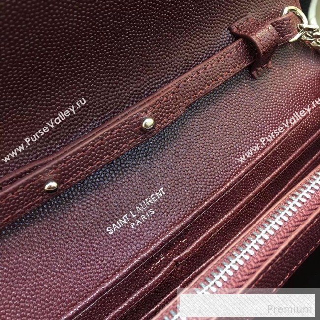 Saint Laurent 360452 Monogram Chain Wallet in Grained Matelasse Leather Burgundy (SHW)2019 (MH-9052359)