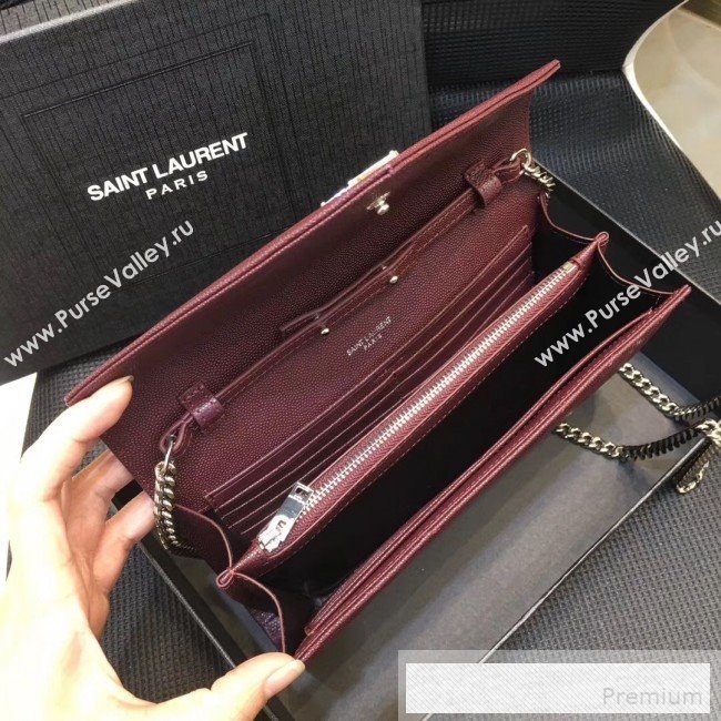 Saint Laurent 360452 Monogram Chain Wallet in Grained Matelasse Leather Burgundy (SHW)2019 (MH-9052359)