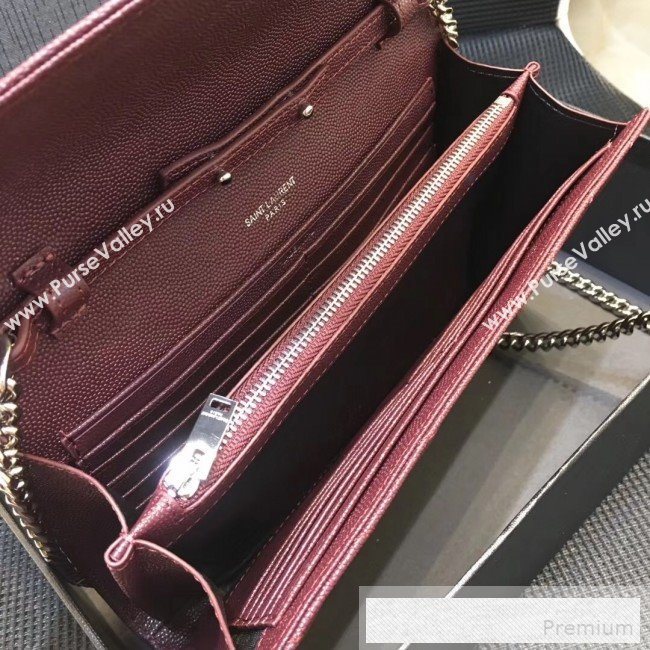 Saint Laurent 360452 Monogram Chain Wallet in Grained Matelasse Leather Burgundy (SHW)2019 (MH-9052359)