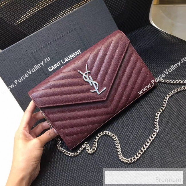 Saint Laurent 360452 Monogram Chain Wallet in Grained Matelasse Leather Burgundy (SHW)2019 (MH-9052359)