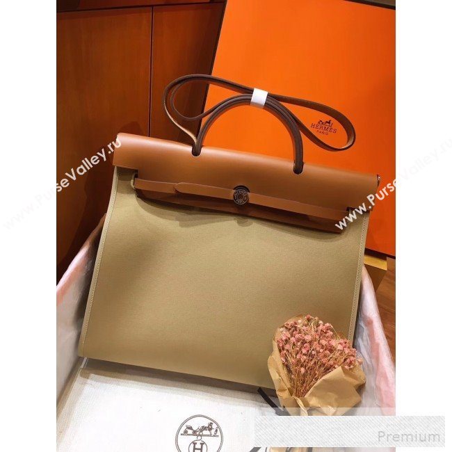 Hermes Original Leather And Canvas Large Herbag Handbag 39cm Khaki/Brown 2019 (DB-9052364)