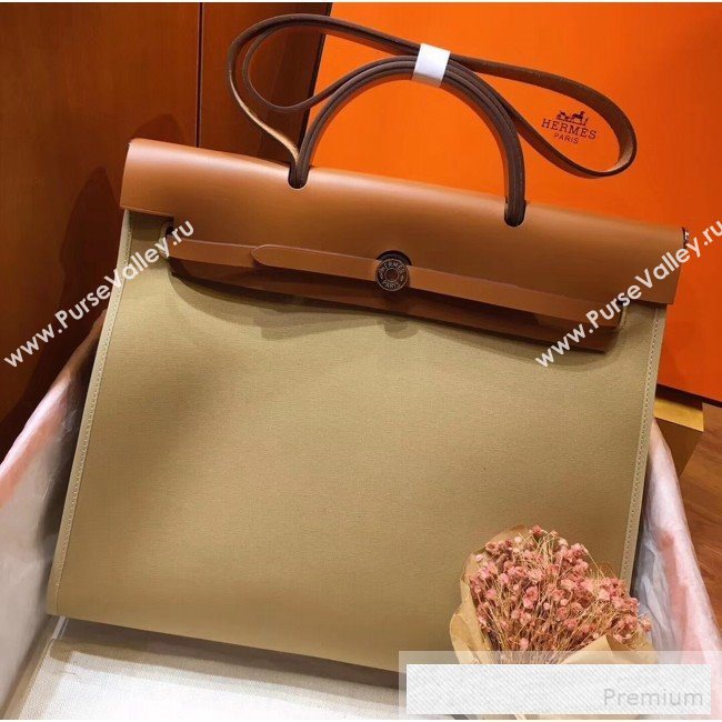 Hermes Original Leather And Canvas Large Herbag Handbag 39cm Khaki/Brown 2019 (DB-9052364)