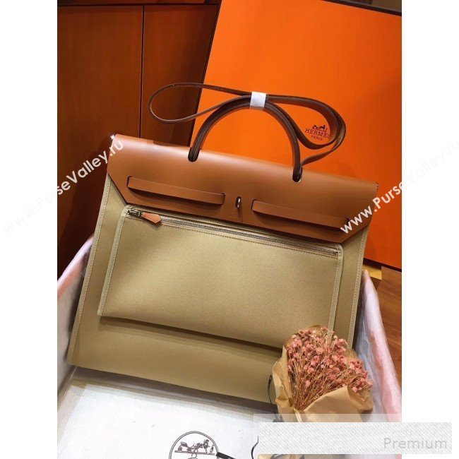 Hermes Original Leather And Canvas Large Herbag Handbag 39cm Khaki/Brown 2019 (DB-9052364)