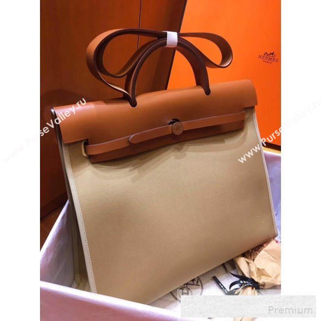 Hermes Original Leather And Canvas Large Herbag Handbag 39cm Khaki/Brown 2019 (DB-9052364)