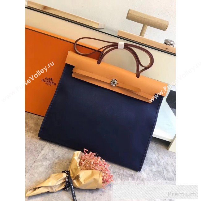 Hermes Original Leather And Canvas Large Herbag Handbag 39cm Deep Blue/Light Coffee 2019 (DB-9052363)