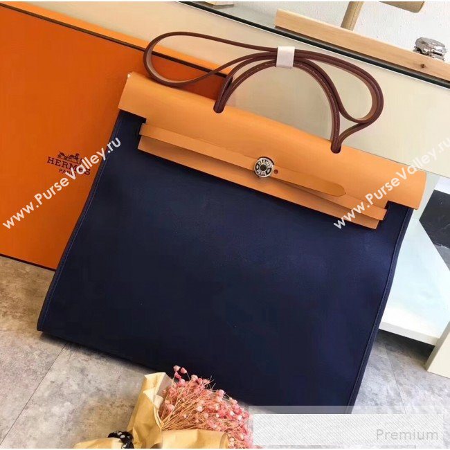 Hermes Original Leather And Canvas Large Herbag Handbag 39cm Deep Blue/Light Coffee 2019 (DB-9052363)