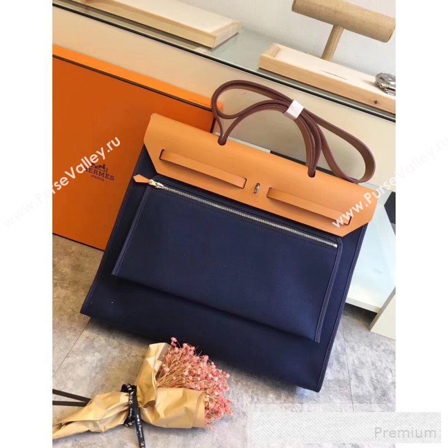 Hermes Original Leather And Canvas Large Herbag Handbag 39cm Deep Blue/Light Coffee 2019 (DB-9052363)