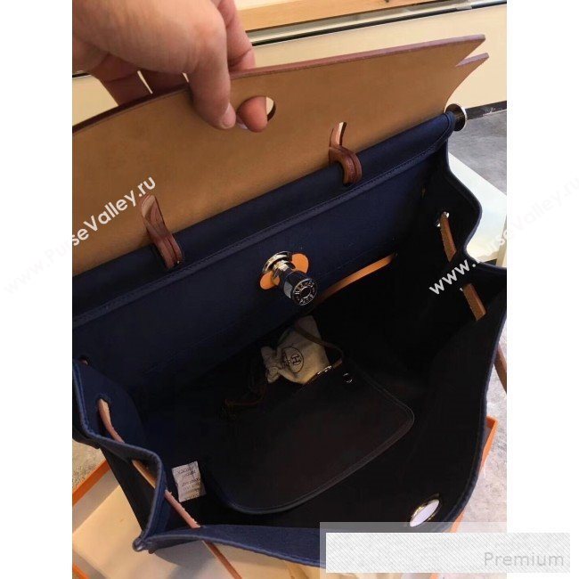 Hermes Original Leather And Canvas Large Herbag Handbag 39cm Deep Blue/Light Coffee 2019 (DB-9052363)