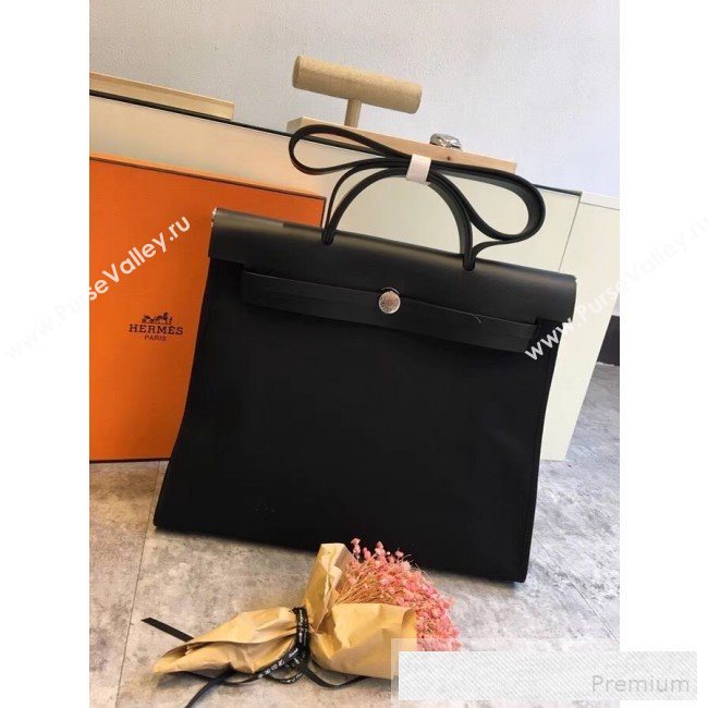 Hermes Original Leather And Canvas Large Herbag Handbag 39cm All Black 2019 (DB-9052362)