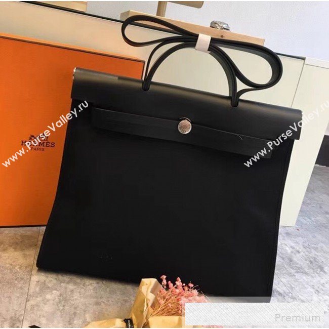 Hermes Original Leather And Canvas Large Herbag Handbag 39cm All Black 2019 (DB-9052362)