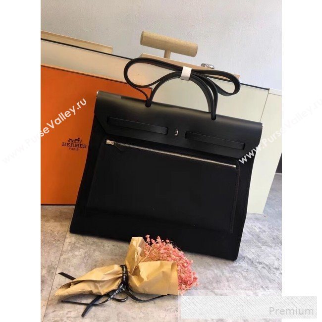 Hermes Original Leather And Canvas Large Herbag Handbag 39cm All Black 2019 (DB-9052362)
