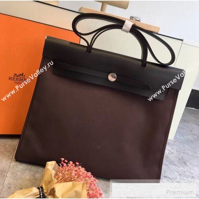 Hermes Original Leather And Canvas Large Herbag Handbag 39cm Deep Coffee/Black 2019 (DB-9052366)