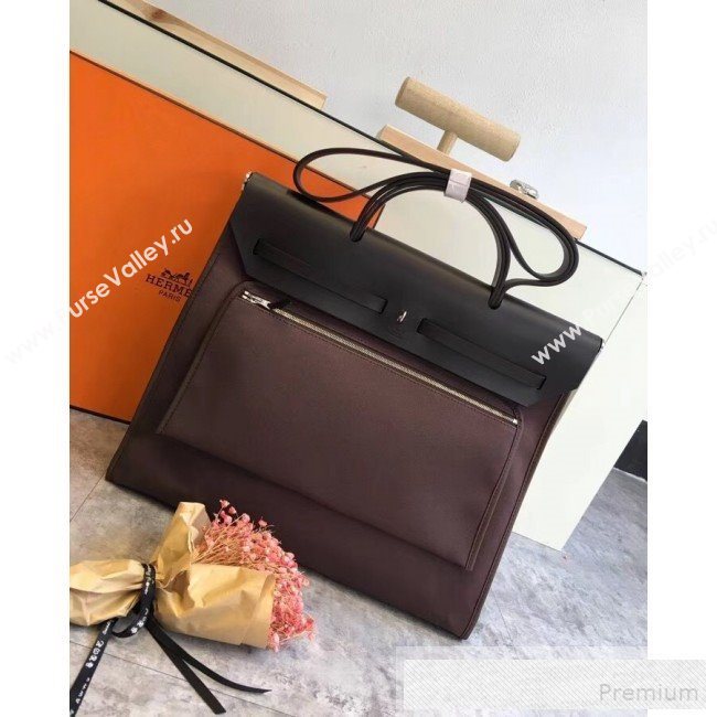 Hermes Original Leather And Canvas Large Herbag Handbag 39cm Deep Coffee/Black 2019 (DB-9052366)