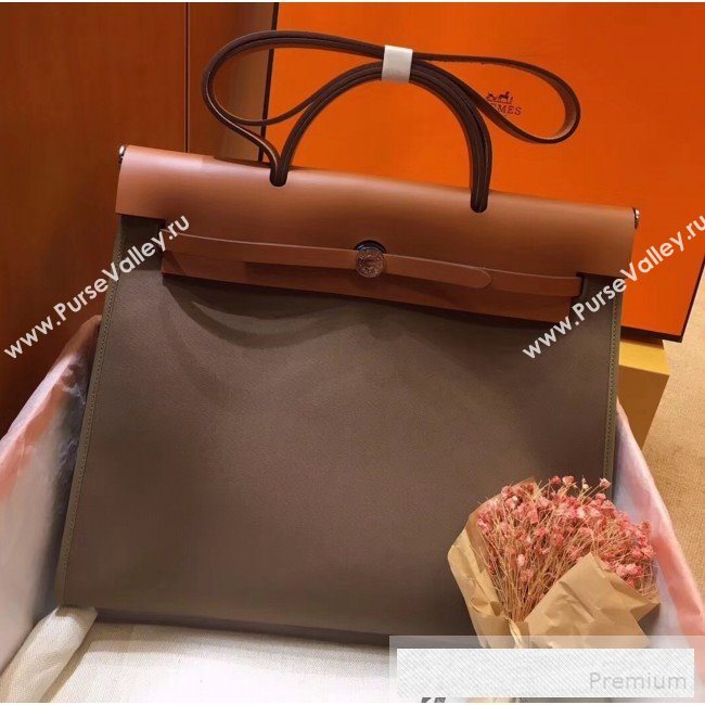 Hermes Original Leather And Canvas Large Herbag Handbag 39cm Etoupe/Brown 2019 (DB-9052368)