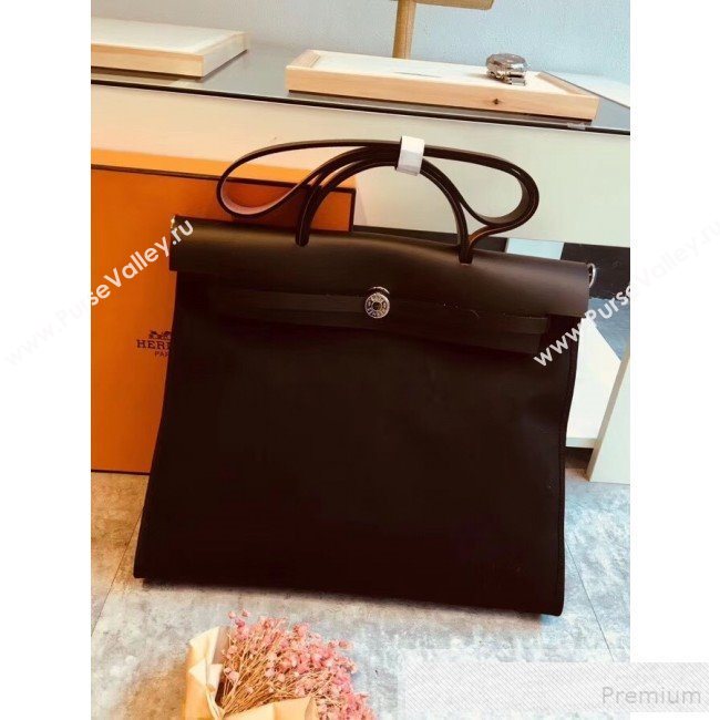 Hermes Original Leather And Canvas Large Herbag Handbag 39cm Black/Deep Coffee 2019 (DB-9052369)