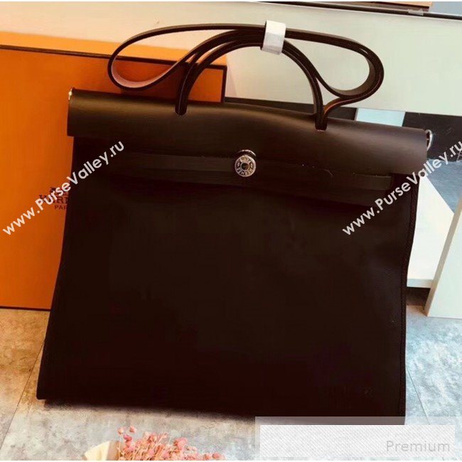 Hermes Original Leather And Canvas Large Herbag Handbag 39cm Black/Deep Coffee 2019 (DB-9052369)