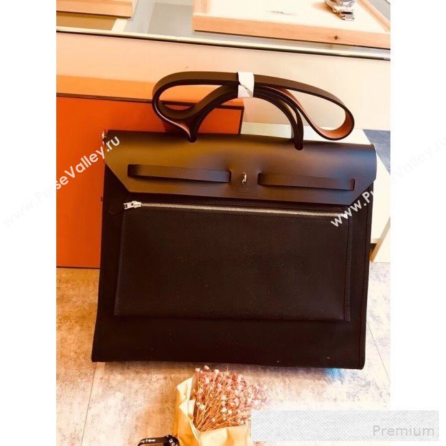 Hermes Original Leather And Canvas Large Herbag Handbag 39cm Black/Deep Coffee 2019 (DB-9052369)