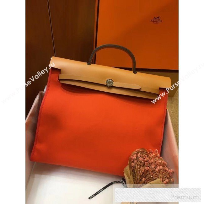 Hermes Original Leather And Canvas Large Herbag Handbag 39cm Orange/Light Coffee 2019 (DB-9052370)