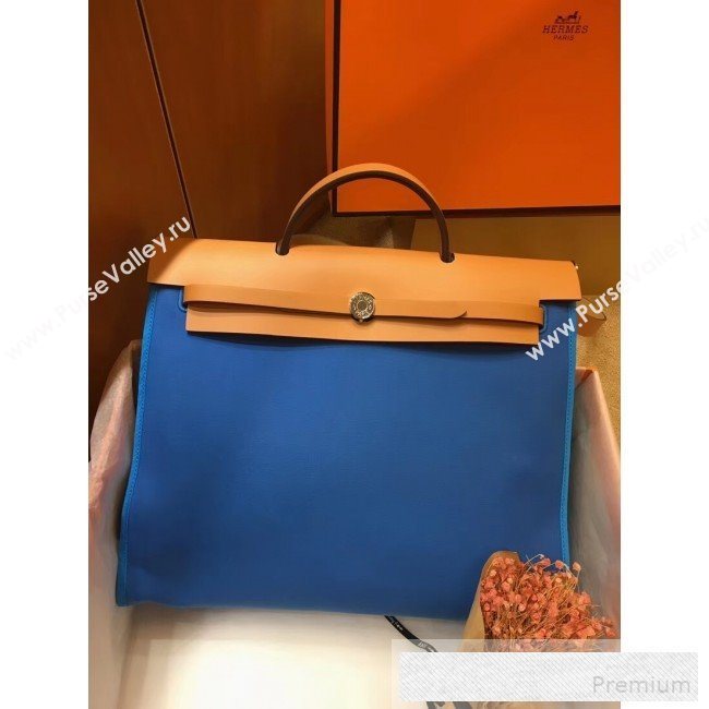 Hermes Original Leather And Canvas Large Herbag Handbag 39cm Blue/Light Coffee/Green 2019 (DB-9052372)